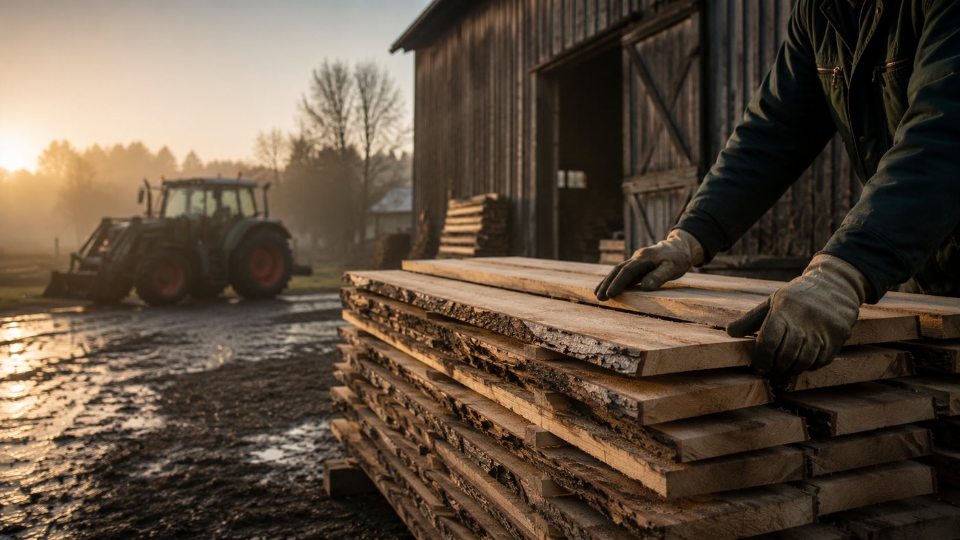Hof am Morgen: Holzbretter zur Abholung bereit